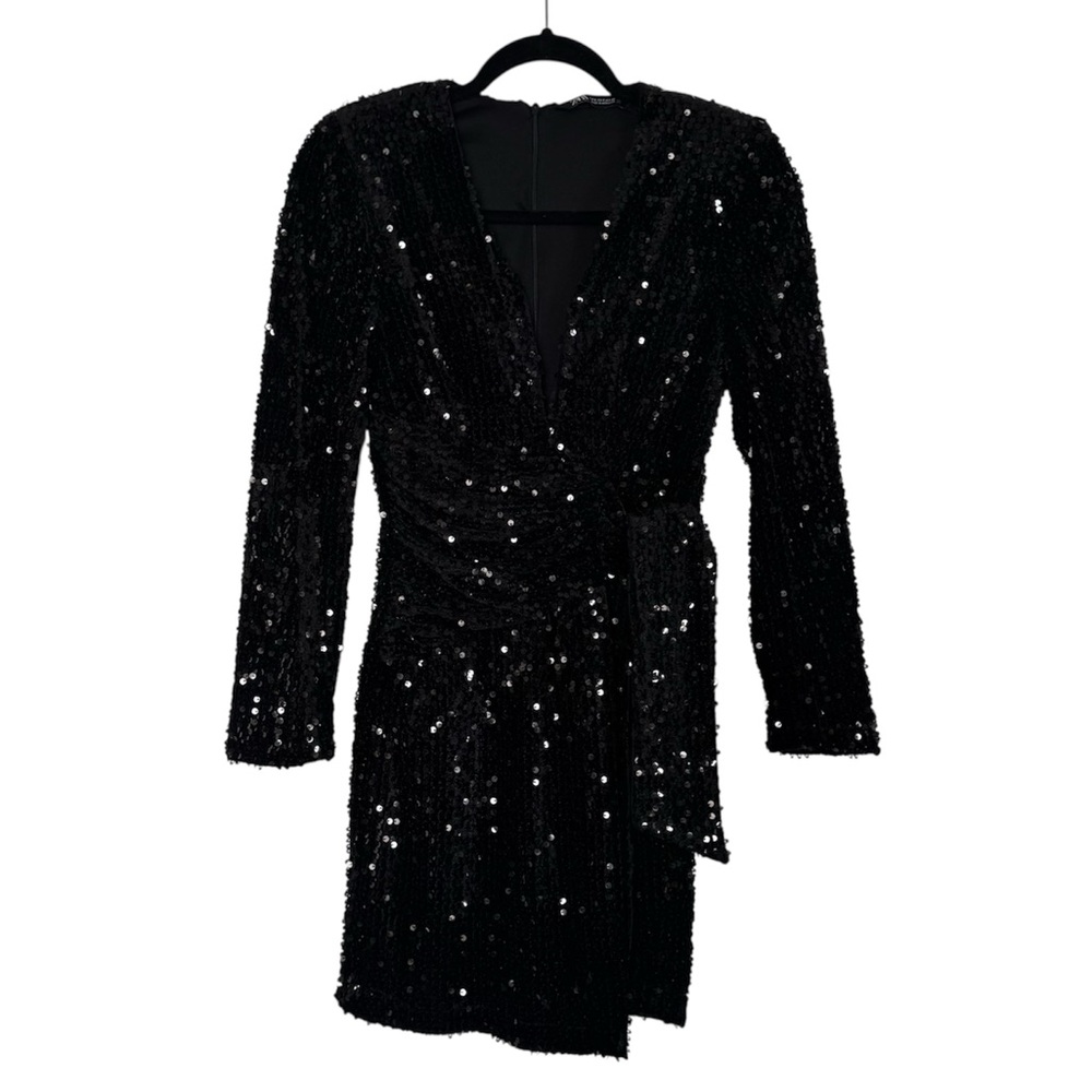 Zara Dress Deep V Sequin Faux Wrap Mini Holiday Party